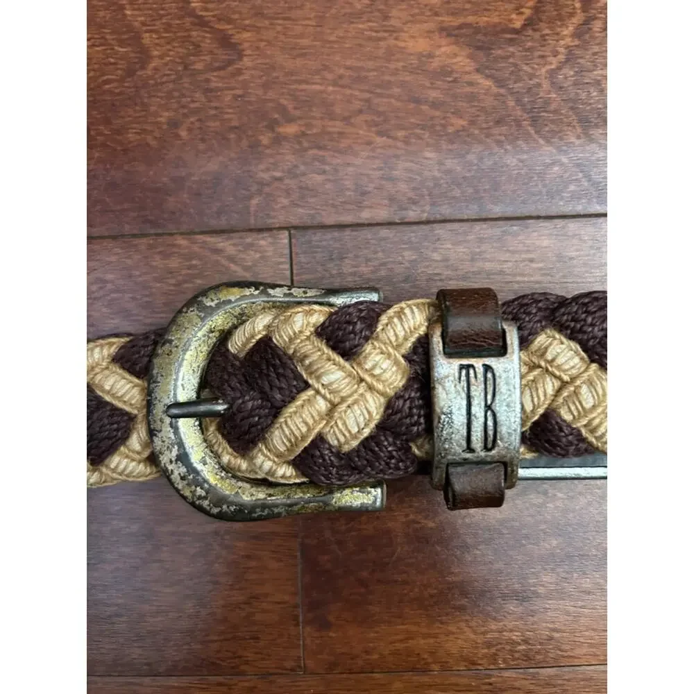 Vintage Braided Fiber and Leather Woven Belt in Brown and Tan with Metal Buckle